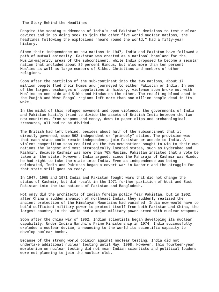 The Story Behind The Headlines PDF Pakistan IndiaPakistan Relations