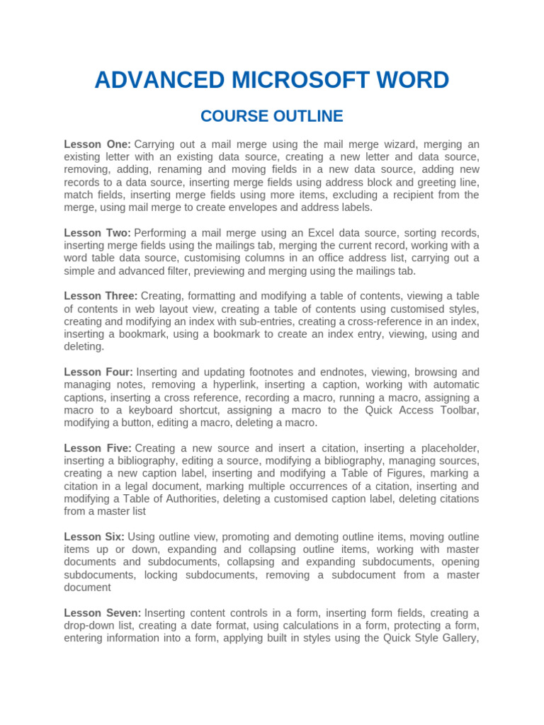 Advanced Microsoft Word Course Outline | PDF | Note (Typography ...