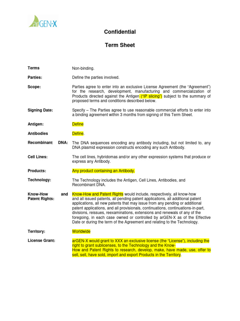 003b Term Sheet Example | PDF | License | Antibody