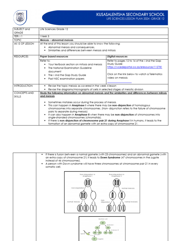 Life Sciences Grade 12 Term 1 Week 5-2021 | PDF | Meiosis | Mitosis