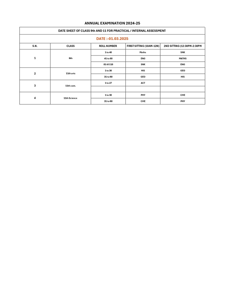 Class 9 Date Sheet 2025 | PDF