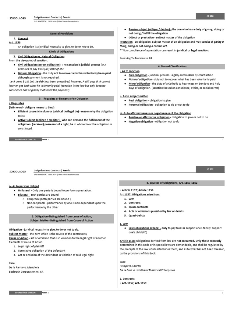 Oblicon Notes | PDF | Law Of Obligations | Negligence