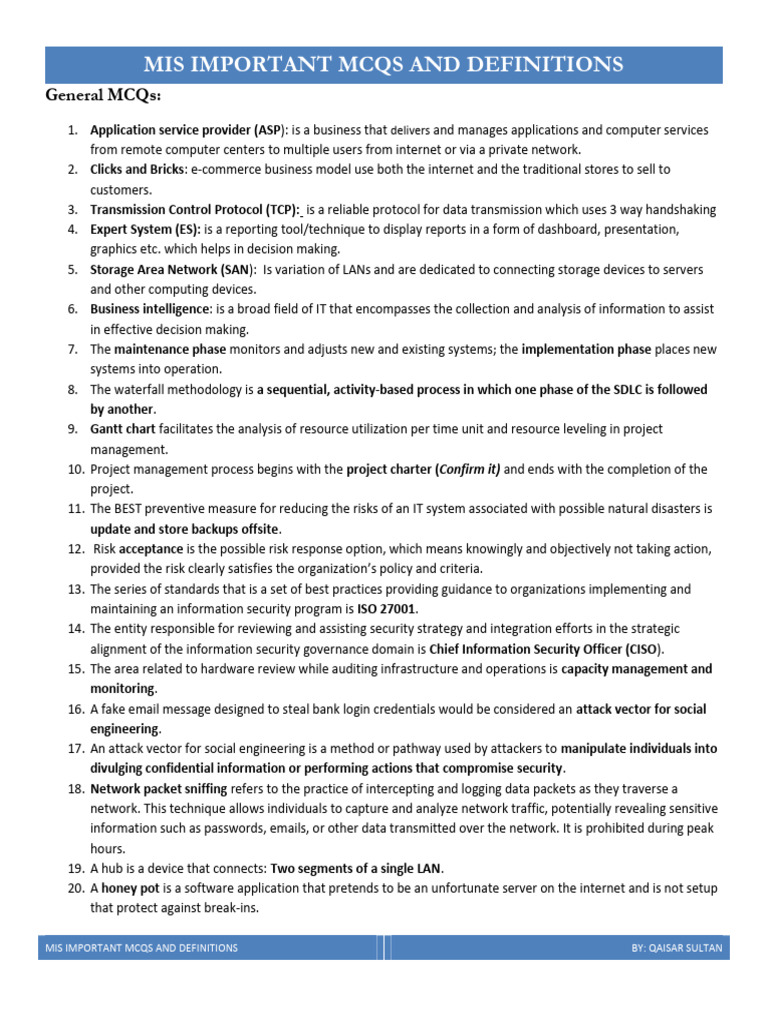 Essential MIS MCQs and Definitions | PDF | Computer Network | World ...