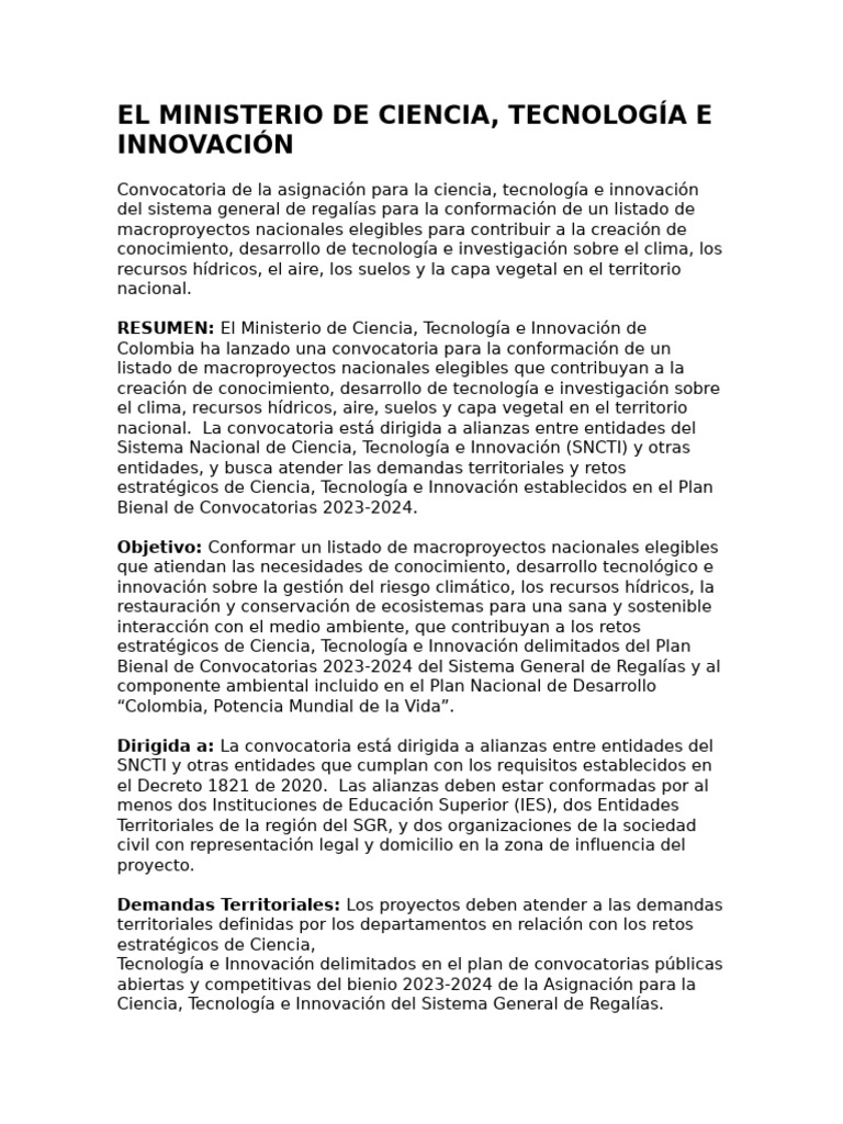 Convocatoria para Macroproyectos de CTeI | PDF | Sustentabilidad ...