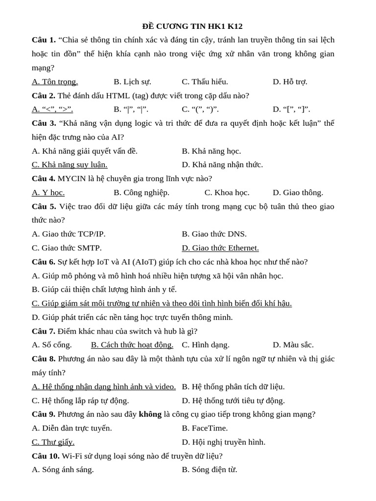 Đề Cương Học Kì 1 Tin 12 | PDF