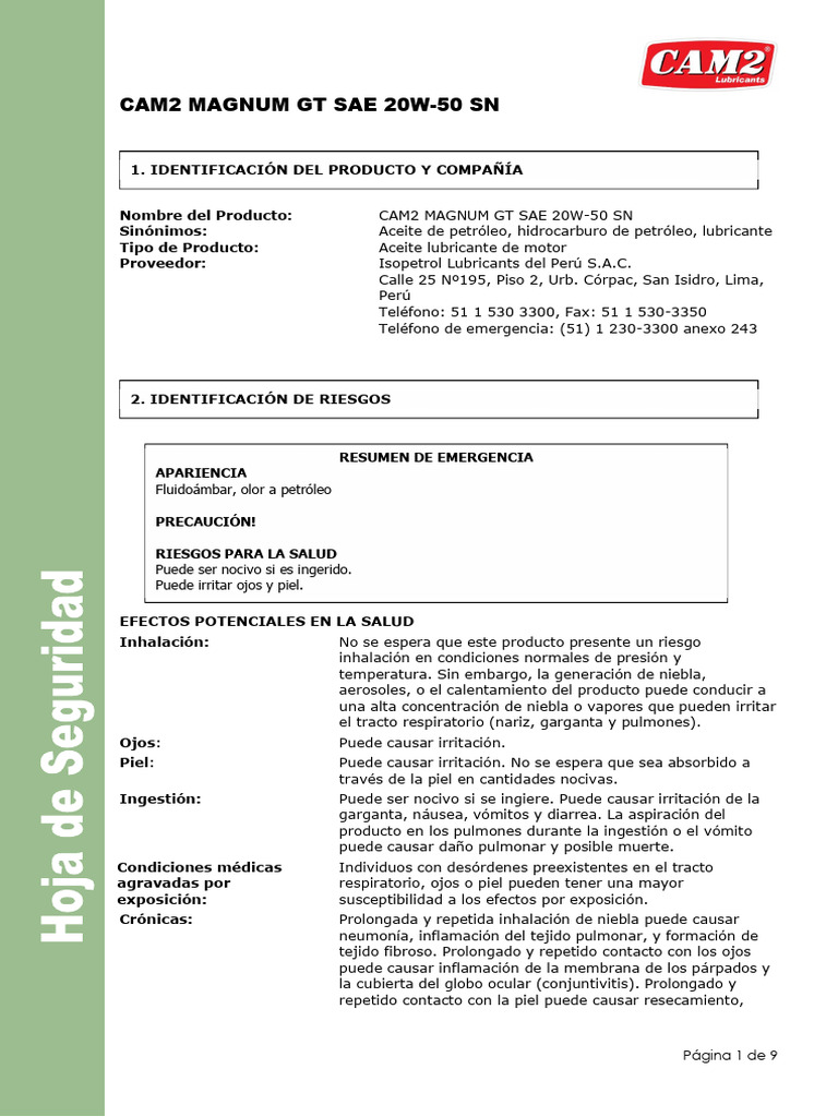 Aceite CAM2 MAGNUM GT 20W-50 SN | PDF | Combustión | Agua