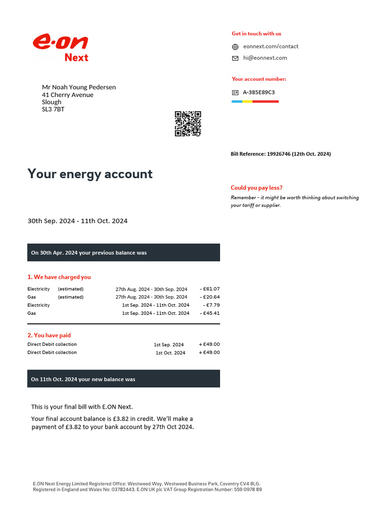 Final Bill Summary for E.ON Next Customer | PDF | Gases | Value Added Tax