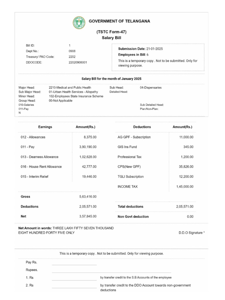 SalaryBill Jan2025 | PDF