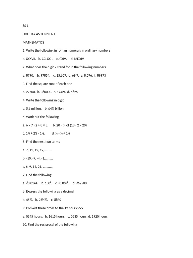 SS1 Holiday Math Assignment | PDF | Mathematics | Euclidean Plane Geometry