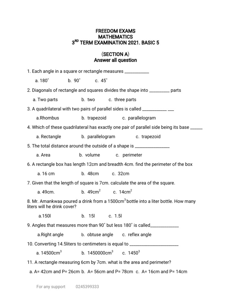 Basic 5 Mathematics Exam Questions | PDF | Rectangle | Area