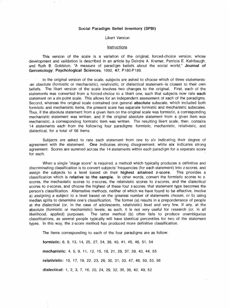 Social Paradigm Belief Inventory - SPBI - Likert Version | PDF