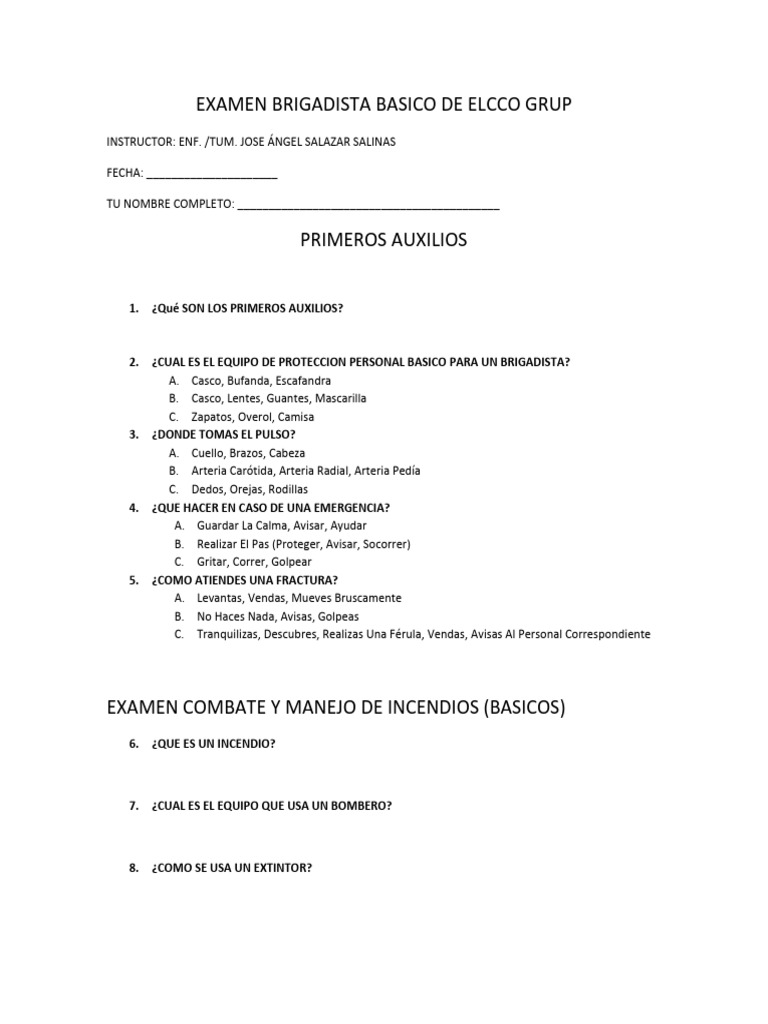 Examen Básico de Primeros Auxilios y Emergencias | PDF