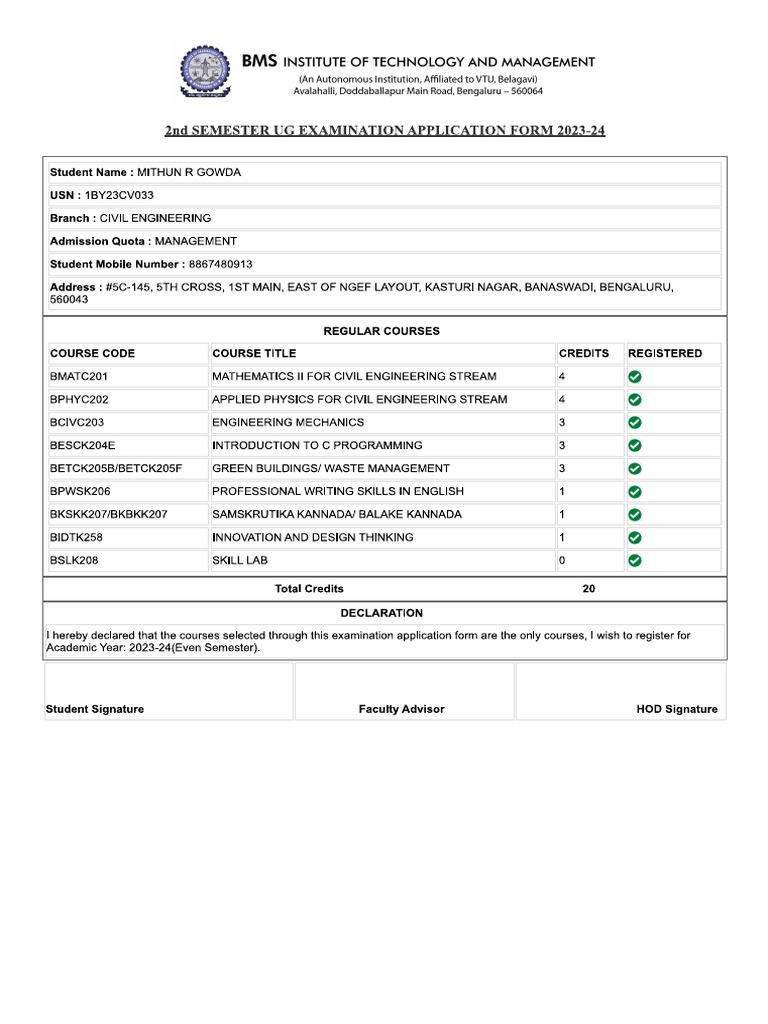 2nd Sem End Exam Application Form | PDF