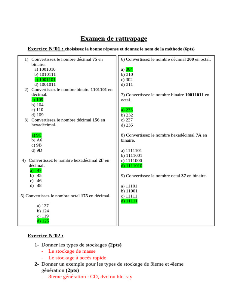 Examen de rattrapage en stockage et conversions | PDF