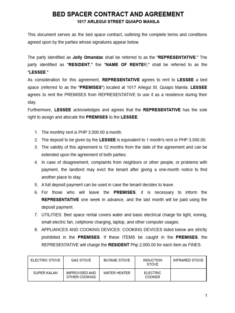 Bed Space Rental Agreement Template | PDF | Lease | Renting