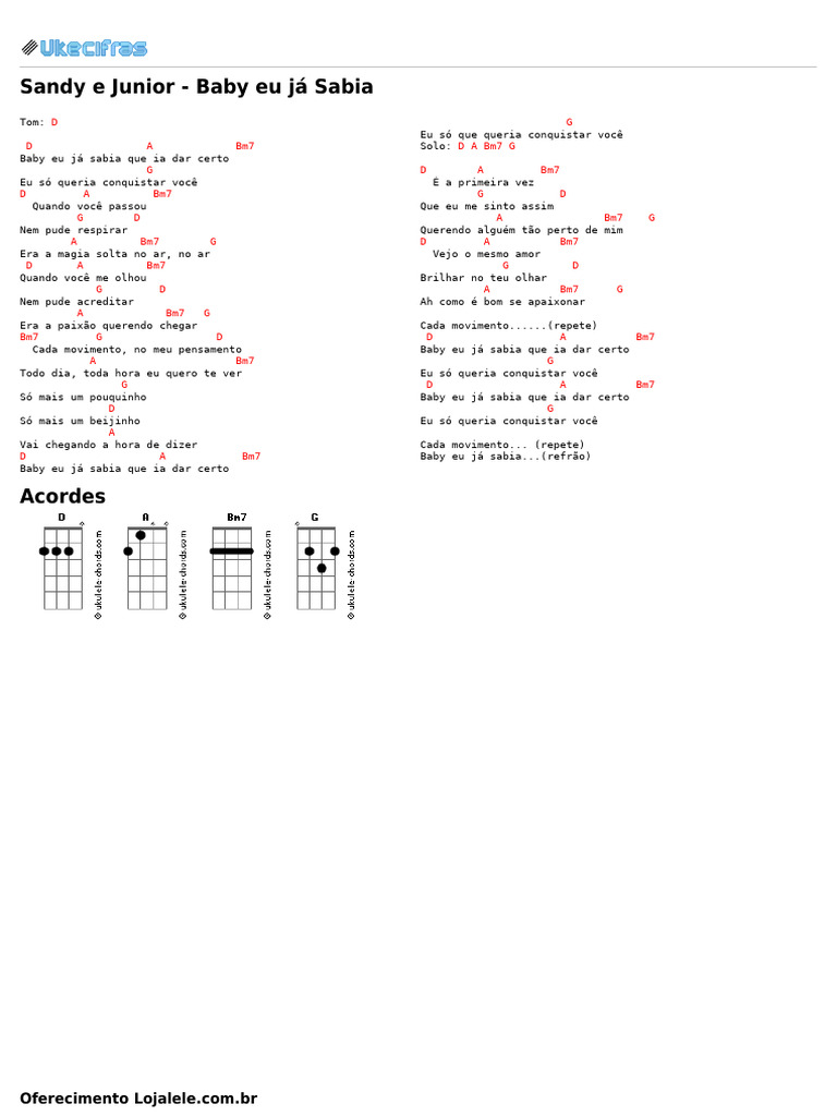 Sandy e Junior - Baby Eu Já Sabia (Uke Cifras) | PDF