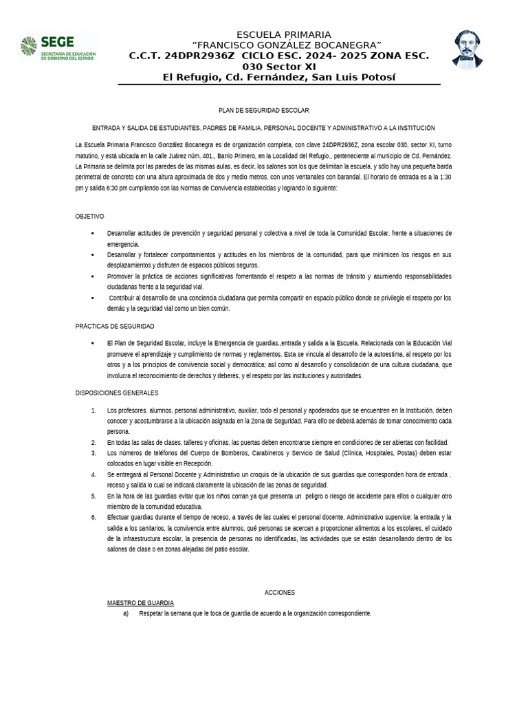 Plan de Seguridad Escolar 2024-2025 | PDF | Escuelas | Maestros