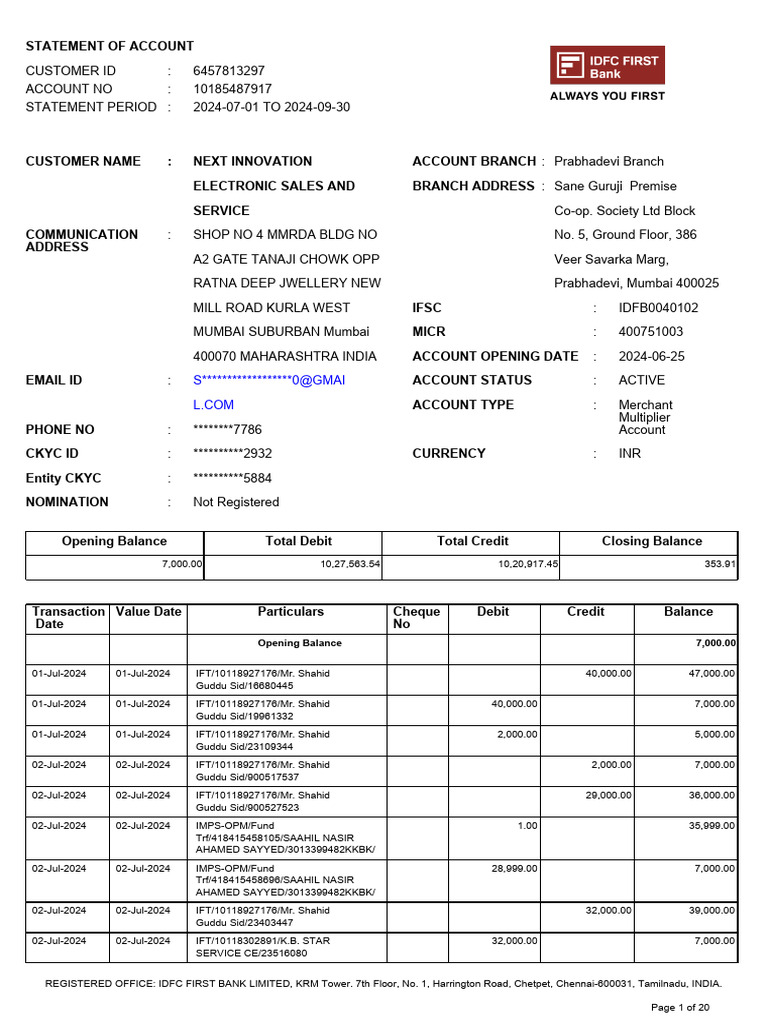 IDFCFIRSTBankstatement 10185487917 154620289 | PDF | Payments | Debit Card