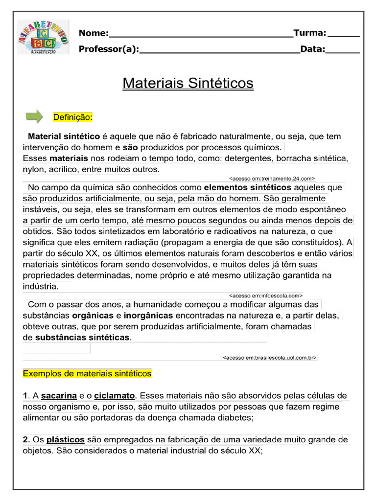 6 Ano, Materiais Sinteticos, Transformaçoes Quimicas e Fisicas | PDF