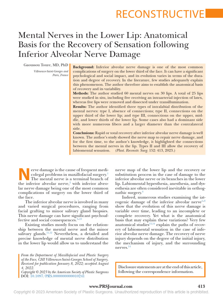 Toure, 2023 Mental Nerves in The Lower Lip Anatomical Basis | PDF | Lip ...