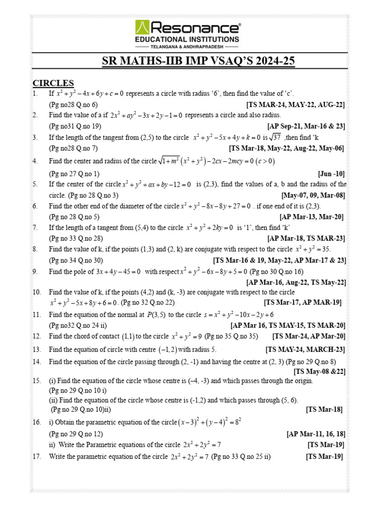 SR Maths Iib Imp Vsaq's 2024 25. | PDF | Circle | Analytic Geometry