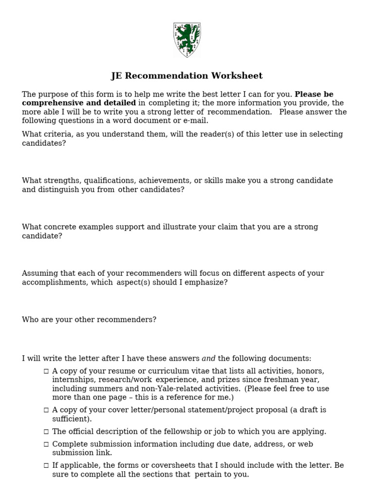 JE Recommendation Worksheet 2 | PDF
