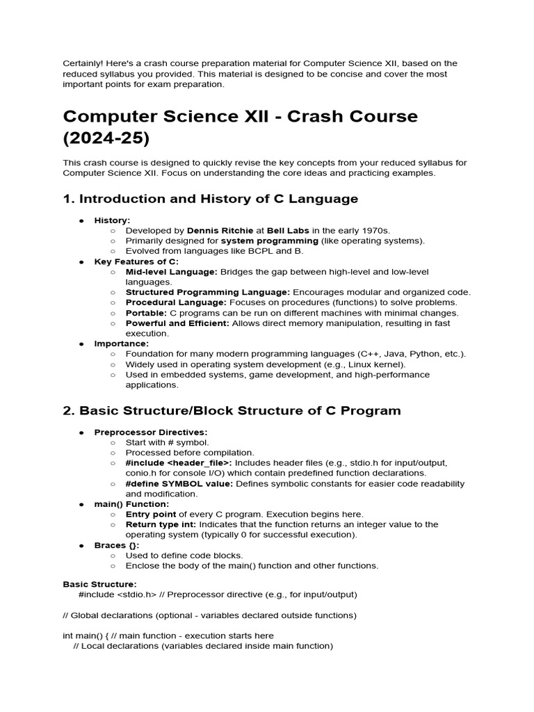 Computer Science XII Crash Course Guide | PDF | Pointer (Computer ...