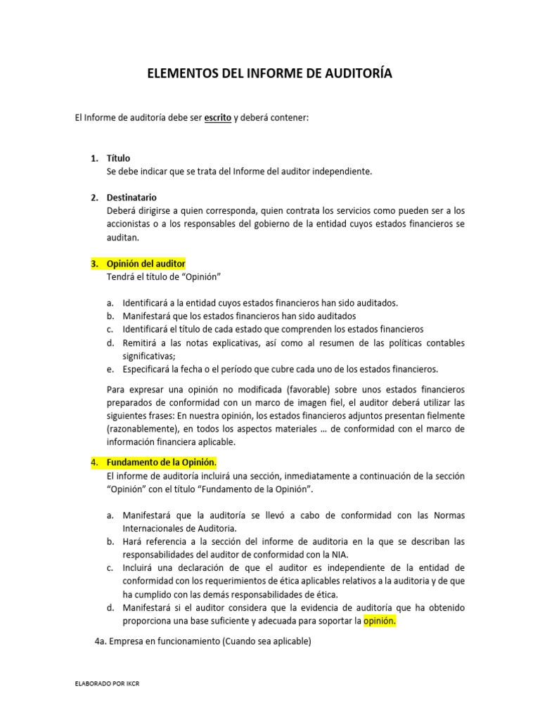 Elementos Del Informe de Auditoría | PDF | Auditoría | Estado financiero