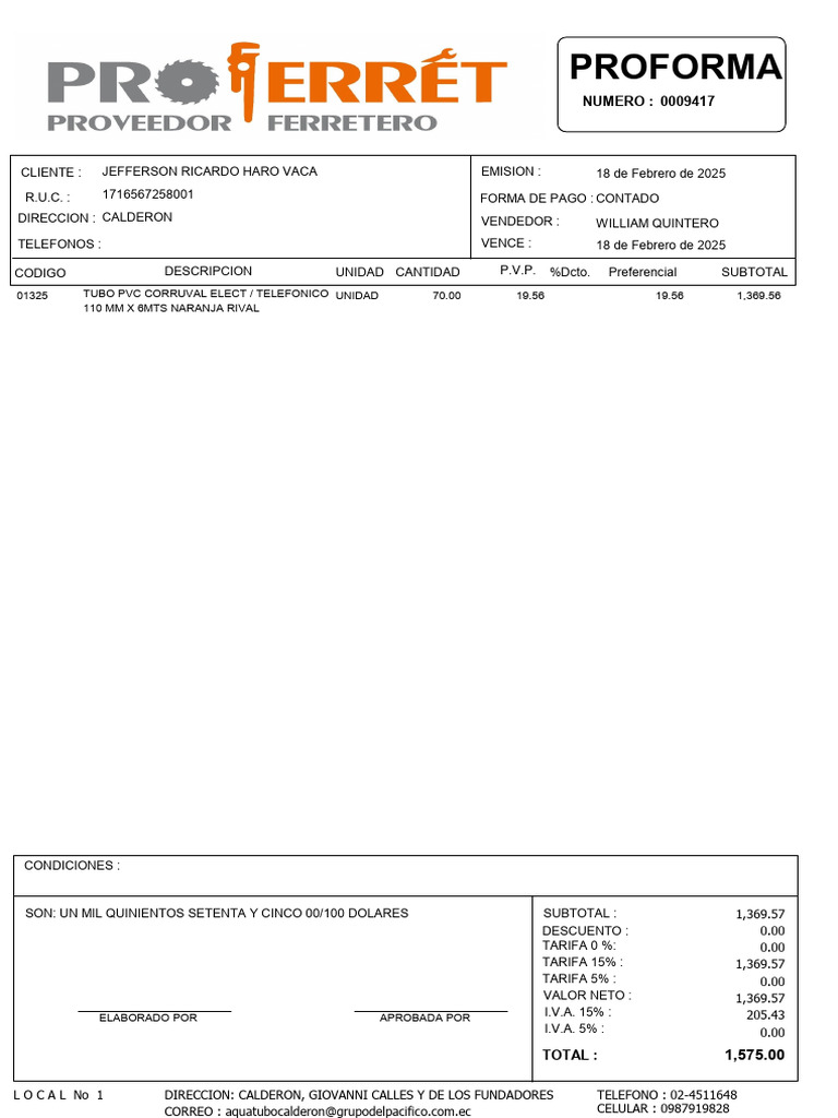 Proforma de Tubo PVC Corrugado 110mm | PDF
