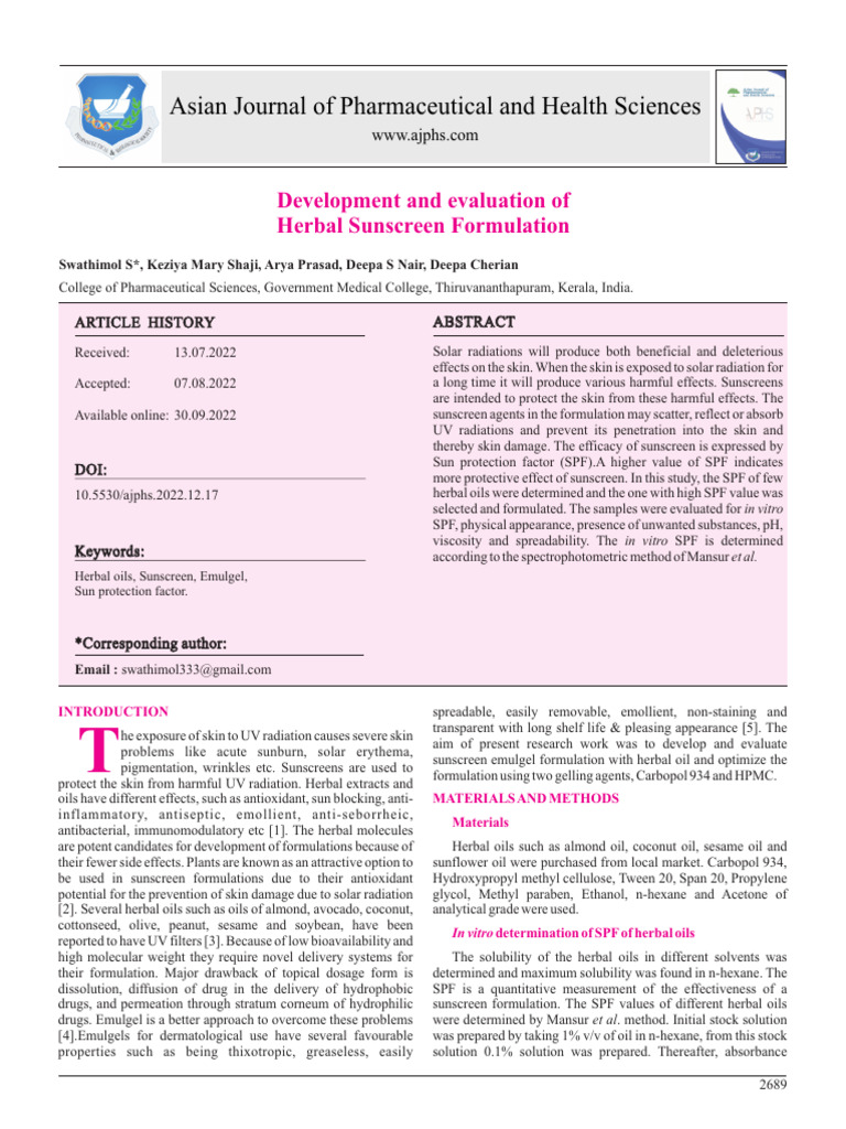Herbal Sunscreen Emulgel Formulation | PDF | Sunscreen | Topical Medication