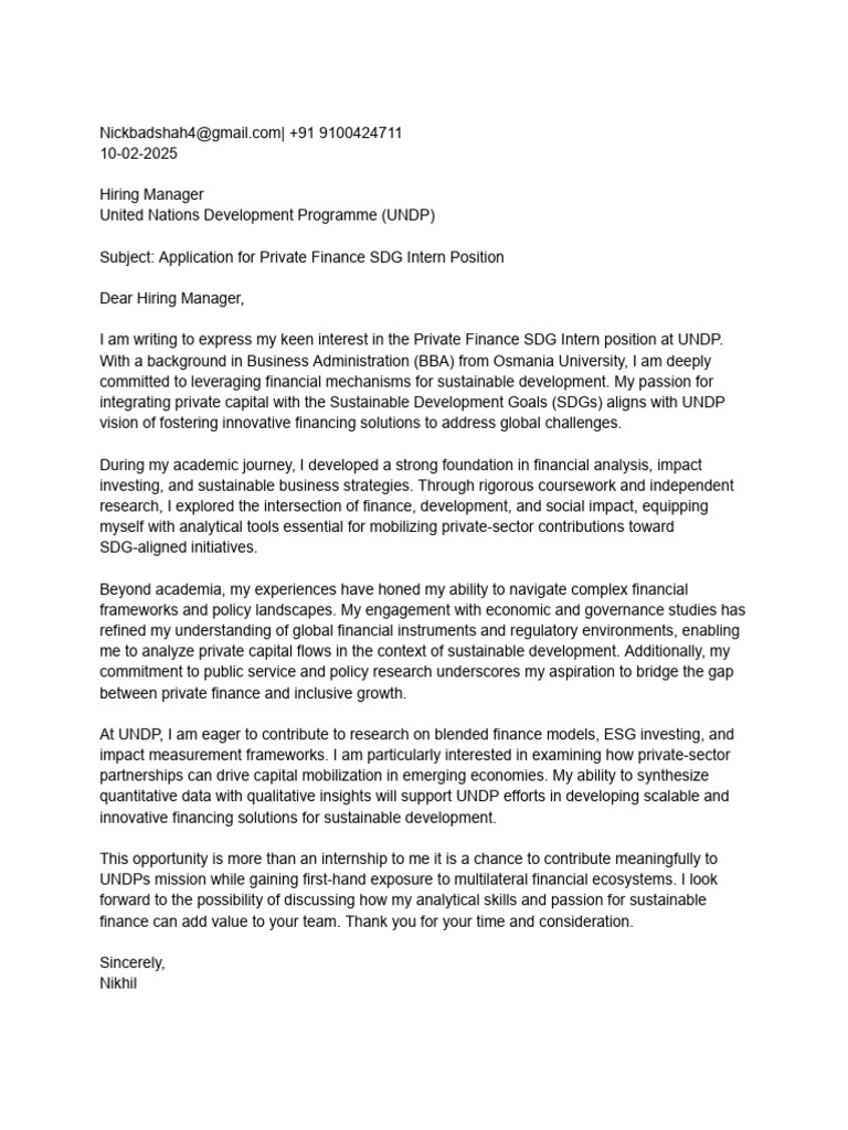 Cover Letter Undp Nick | PDF