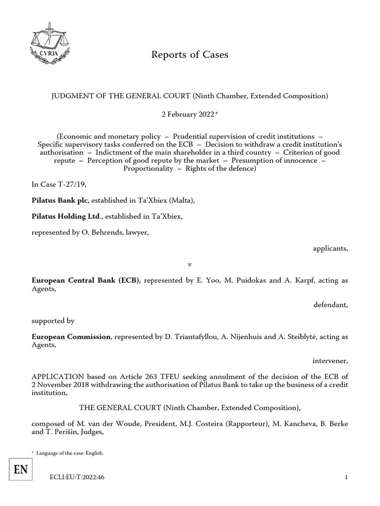 ECB Decision on Pilatus Bank Authorization | PDF | European Central ...