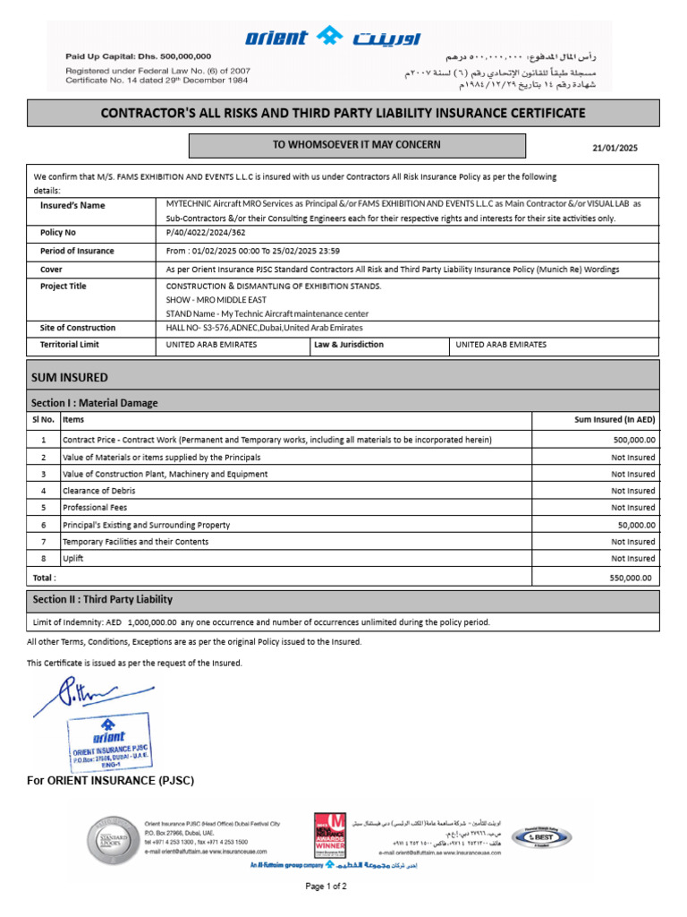 Contractor's All Risks Insurance Certificate | PDF | Insurance ...