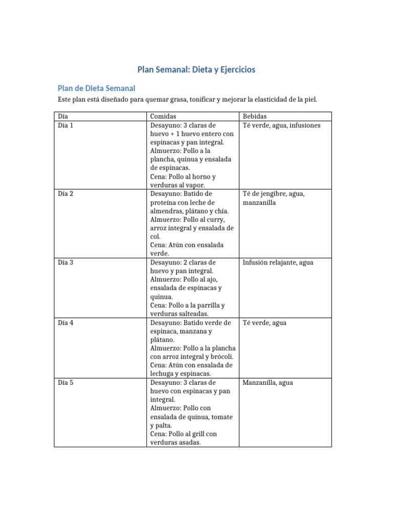 Plan Semanal de Dieta y Ejercicio | PDF | ensalada | Almuerzo
