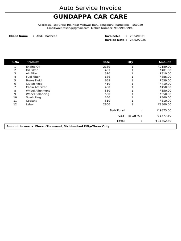 Auto Service Invoice for Abdul Rasheed | PDF