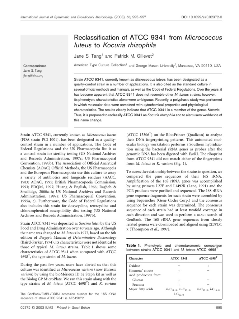 Reclassification of ATCC 9341 to Kocuria | PDF | 16 S Ribosomal Rna ...