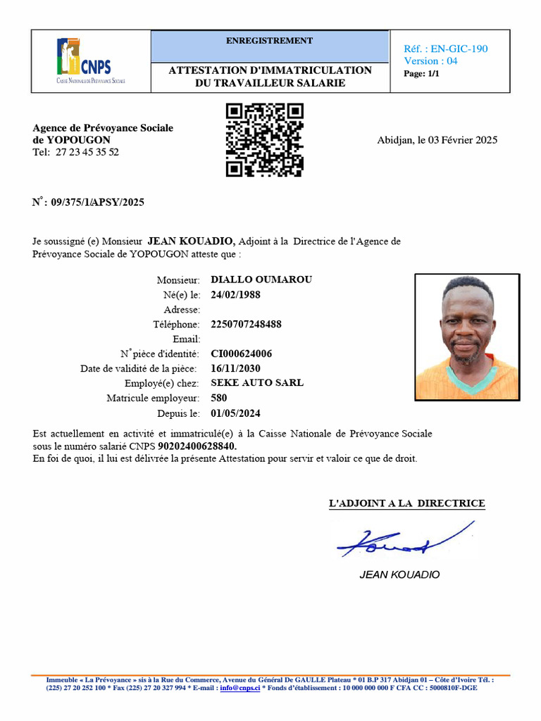 Attestation d'immatriculation CNPS | PDF