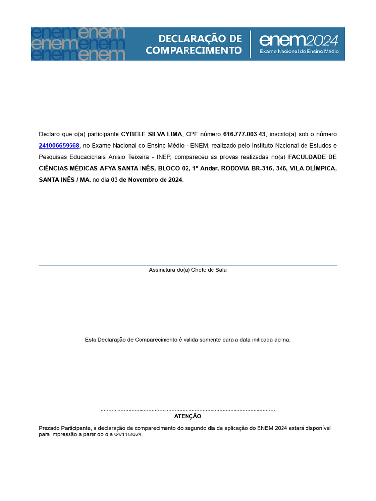 Declaração de Comparecimento ENEM 2024 | PDF