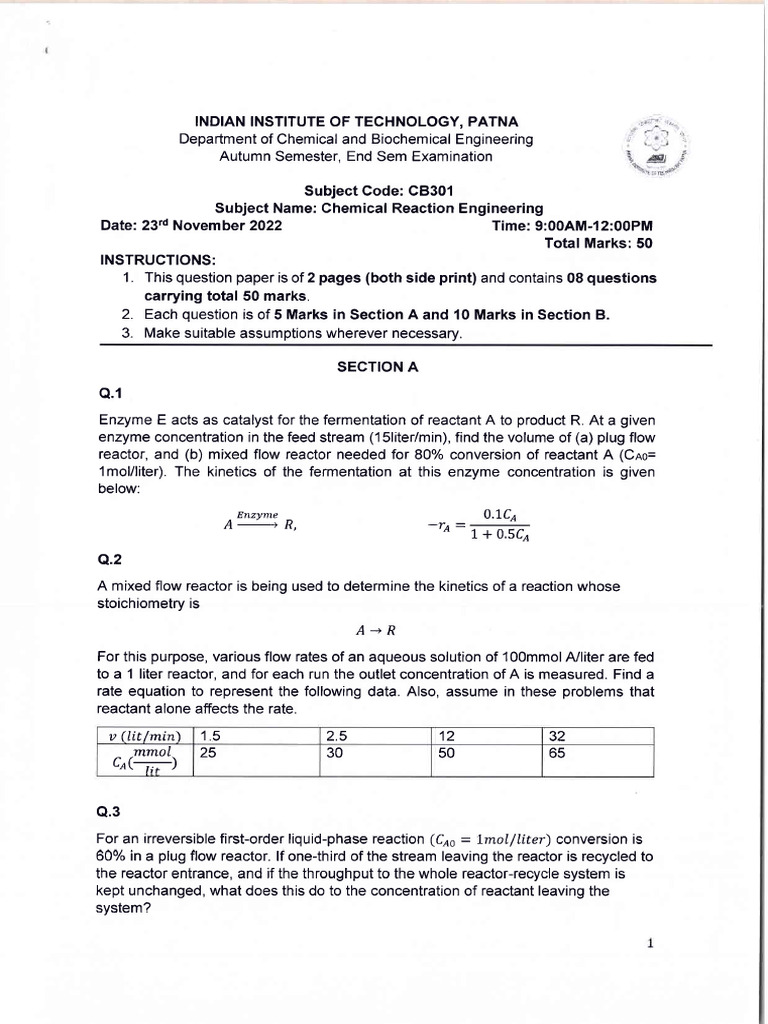 IIT Patna Chemical Reaction Engineering Exam | PDF | Chemical Reactor ...