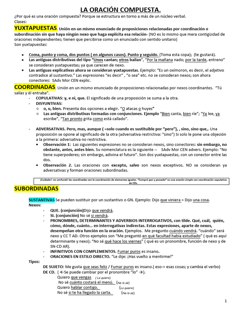 Clases de Oraciones Compuestas en Español | PDF | Oración (Lingüística ...