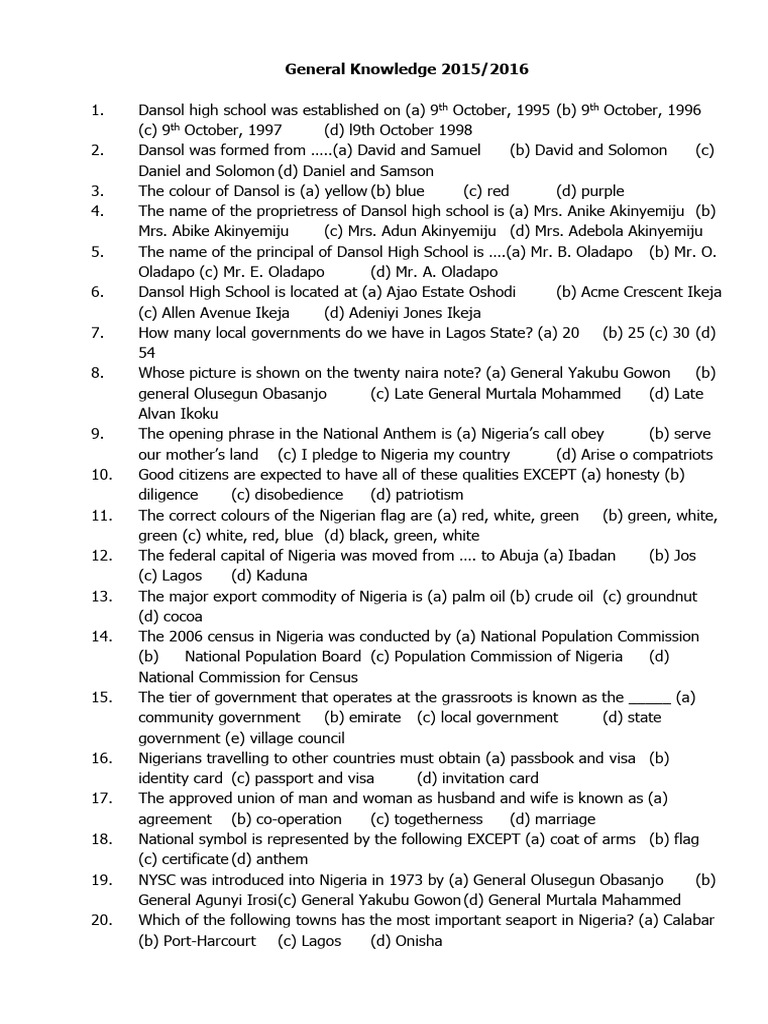 Dansol High School General Knowledge Quiz | PDF | Nigeria