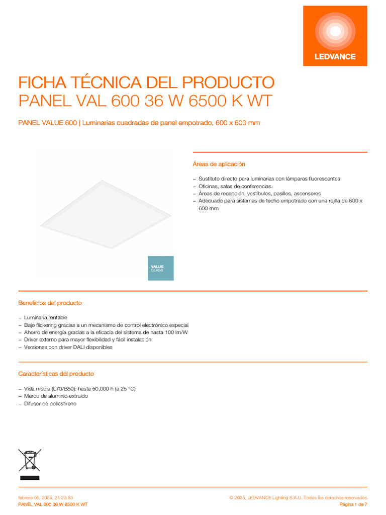 PANEL VAL 600 36 W 6500 K WT Es | PDF | Metrología | Cantidad