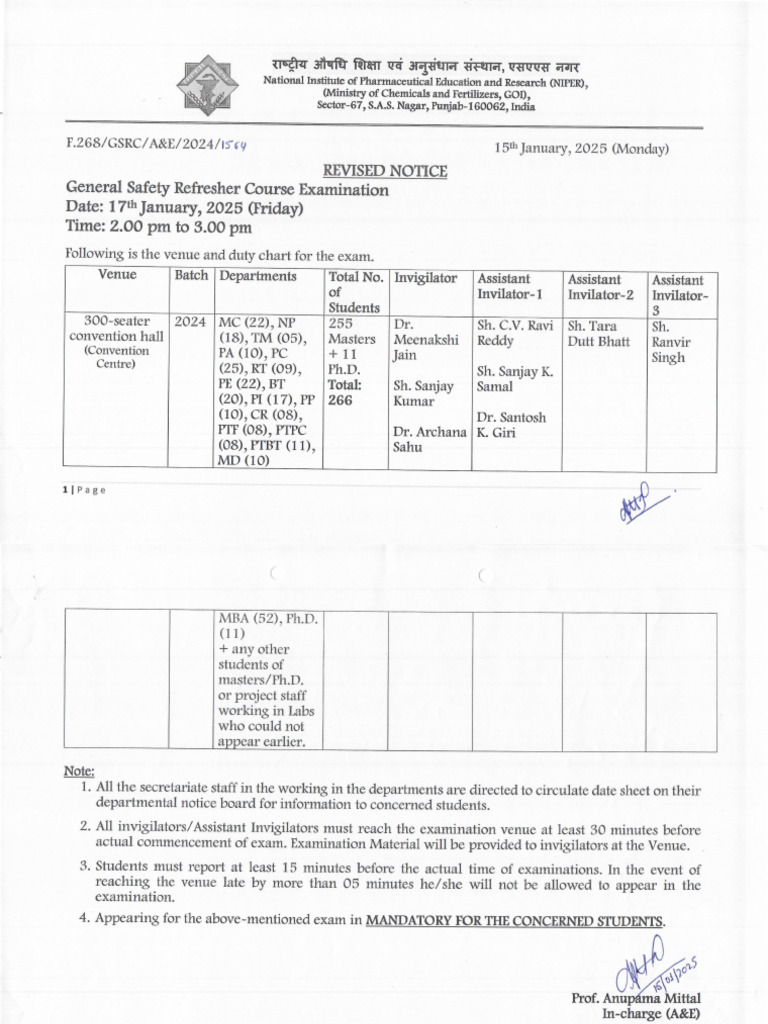 Revised Notice For General Safety Refresher Course Examination. | PDF