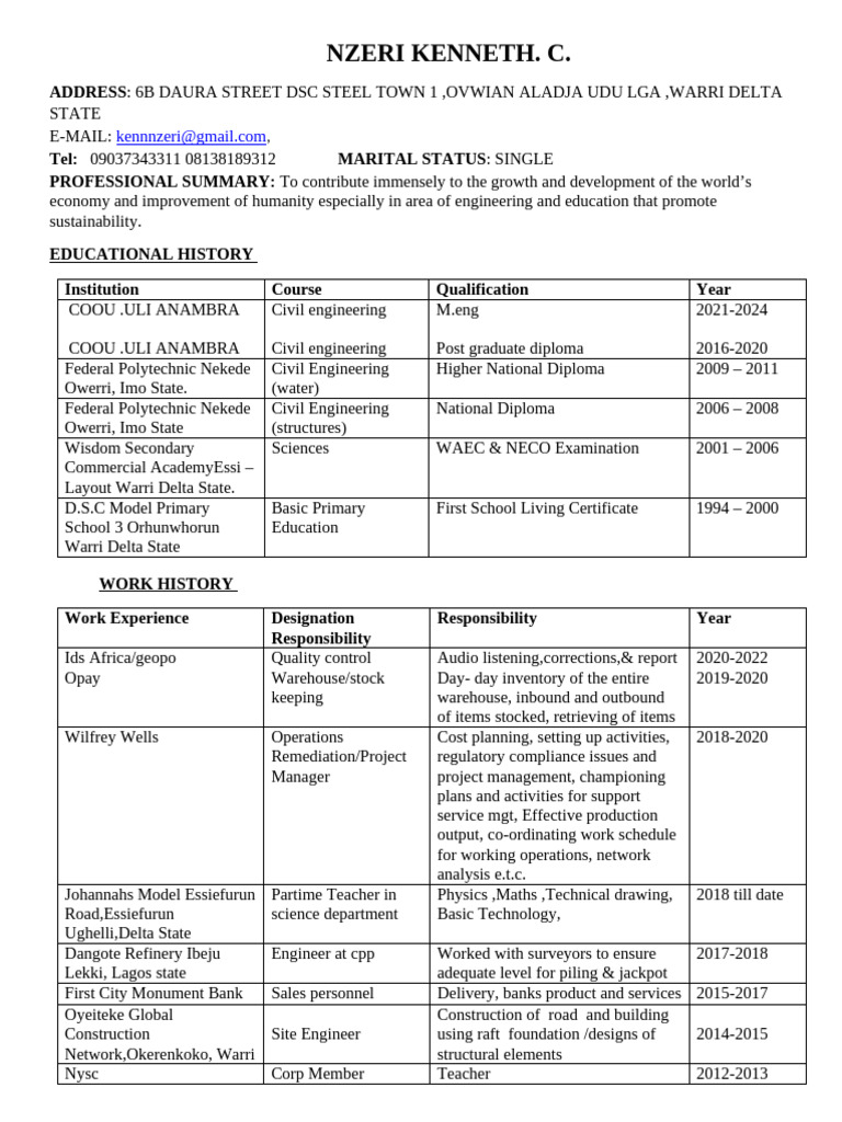 Kenneth Nzeri's Engineering CV | PDF | Engineering