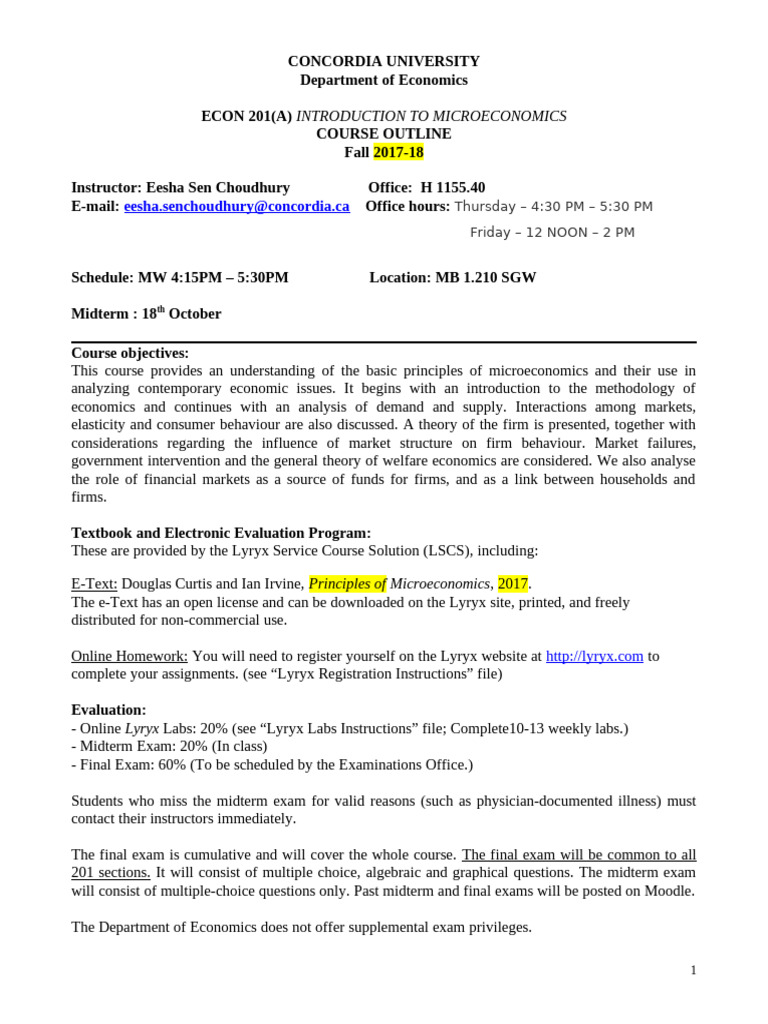Microeconomics Course Outline - ECON 201 | PDF | Economics | Multiple ...