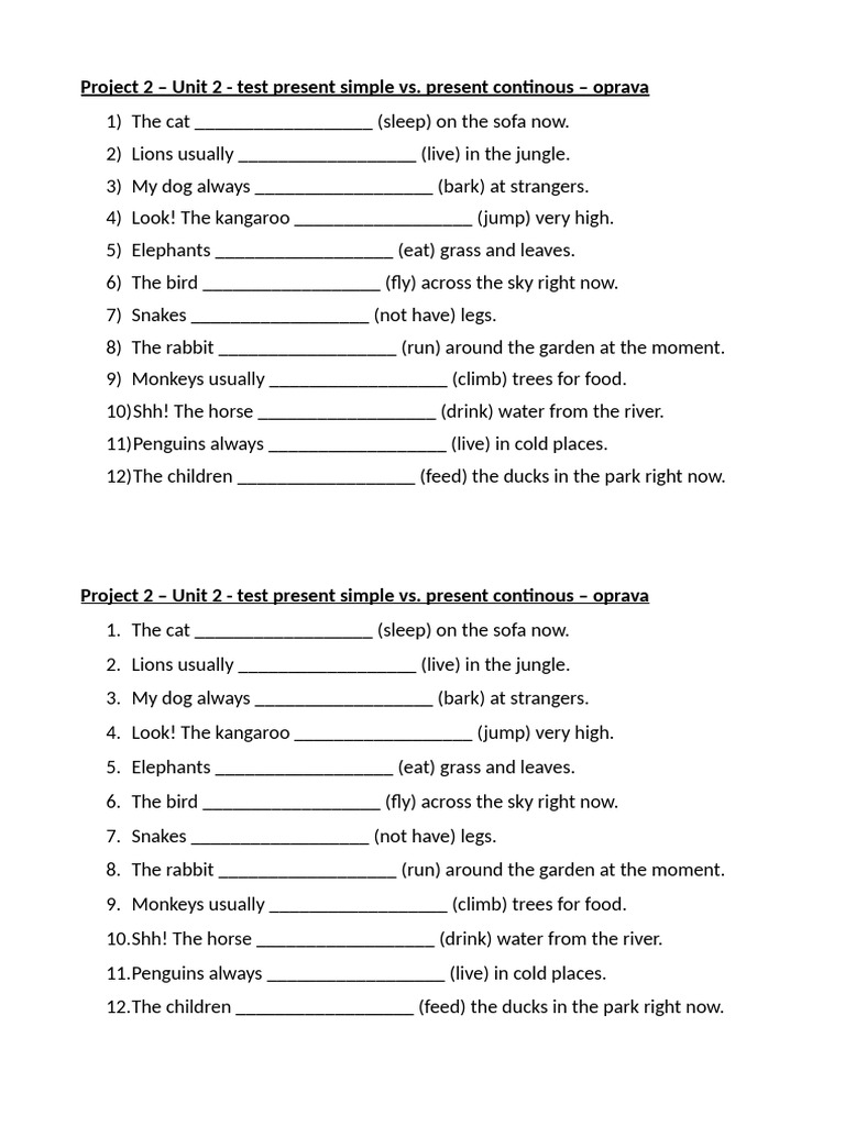 Project 2 Unit 2 Test Present Simple Vs Continuous Oprava | PDF