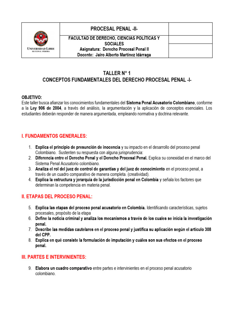 Taller de Derecho Procesal Penal II | PDF | Ley procesal | Derecho penal