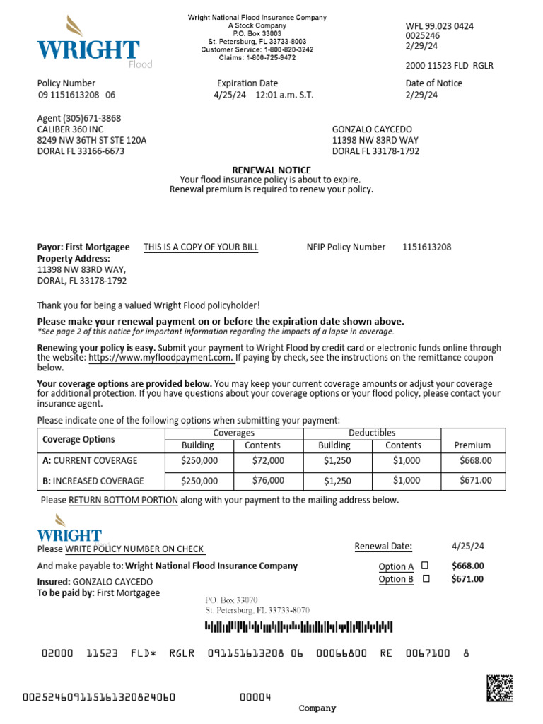 Wright Flood Insurance Renewal Notice | PDF | Insurance | Deductible