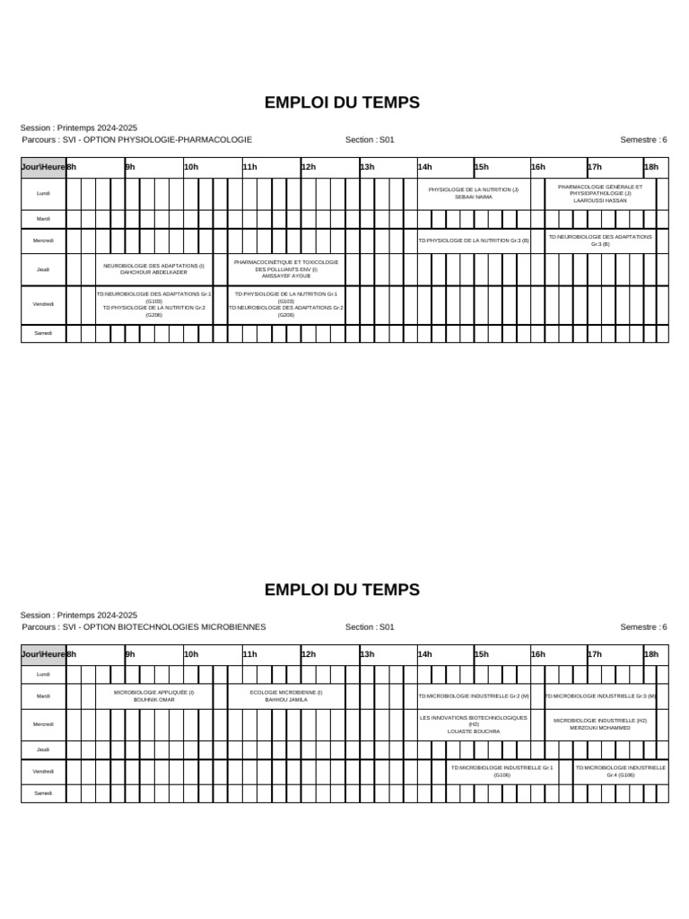 Emploi du temps Printemps 2024-2025 | PDF | Chimie | Mathématiques
