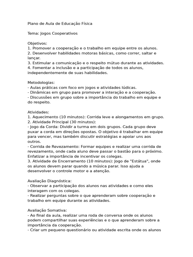 Plano de Aula de Educação Física | PDF